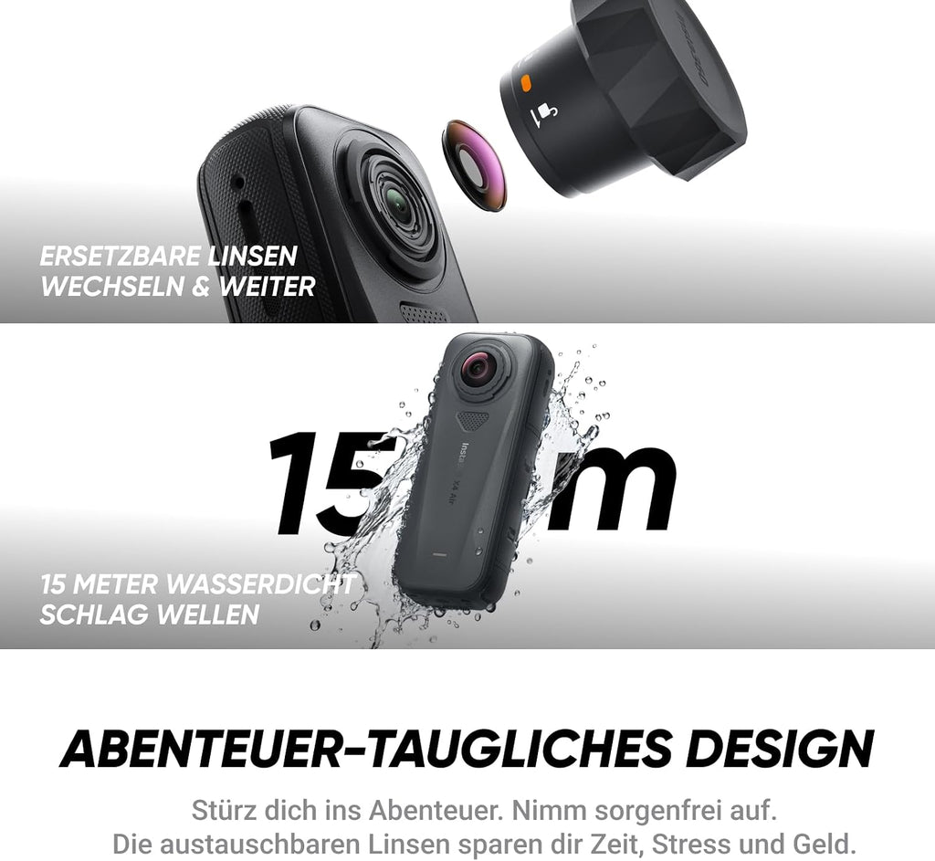 Insta360 X4 Air, 8K 360°-Kamera leichte, Unsichtbarer Selfie-Stick-Effekt, austauschbare Linsen, Erst aufnehmen & dann ausrichten, KI-gestützte App, FlowState-Stabilisierung, integr. Windschutz