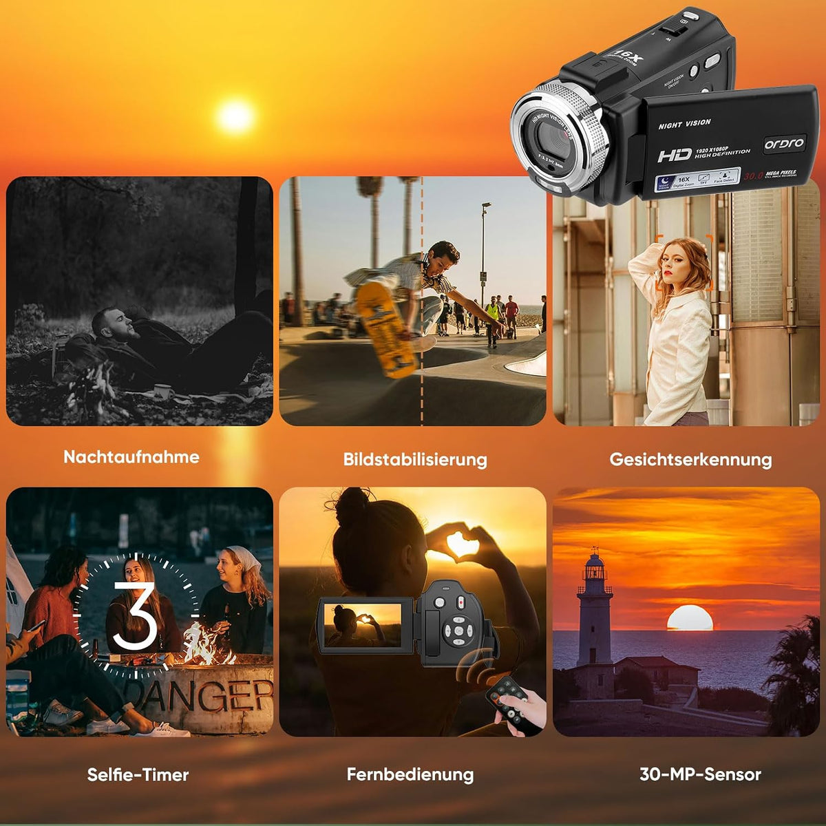 ORDRO V12 Video Camera 1080P Camcorder with Tripod