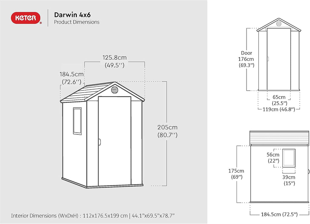 Keter Gerätehaus Darwin 4x6, Grau, Außenmaße 184,5x125,8x205cm, wartungsfrei, wetterfest, wasserdicht, mit Unterboden