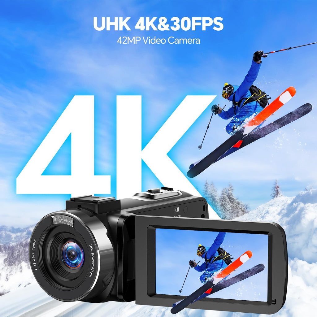 Videokamera 4K Camcorder, 42MP Vlogging Kamera für YouTube, Video Kamera mit 18x Digitalzoom & 3 Zoll 270° Drehbarem Display, Video Camera mit 2 Akkus, 32GB SD-Karte und Fernbedienung, Webcam Funktion