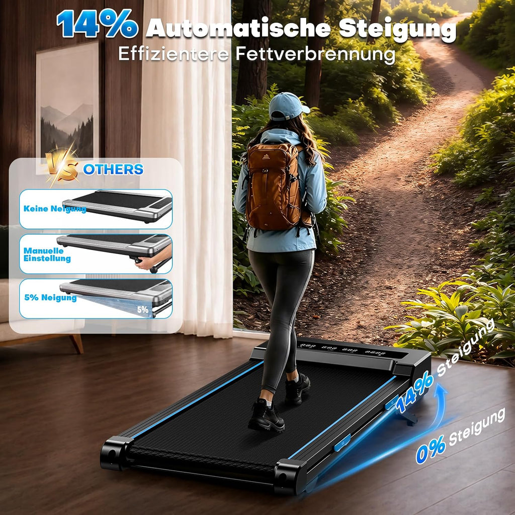 Walking Pad mit 14% Automatischer Steigung, 5 In 1 Laufband für Zuhause mit 3.5 HP bürstenloser Motor, 10km/h Laufband Schreibtisch für Zuhause & Büro mit LED-Display, 12 HIIT-Programme, Bis 180 kg