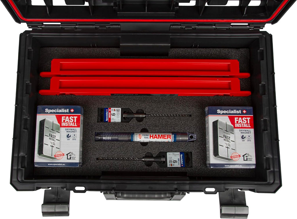 Specialist+ Trockenbau-Werkzeugset | x2 SPACER (50 cm), x2 FAST INSTALL-Gipsmagnete, x1 HAMMER-Steckertreiber, SDS+ & QUATTRO Bohrer | Schnelle Montage | Für Knauf D-112 geeignet