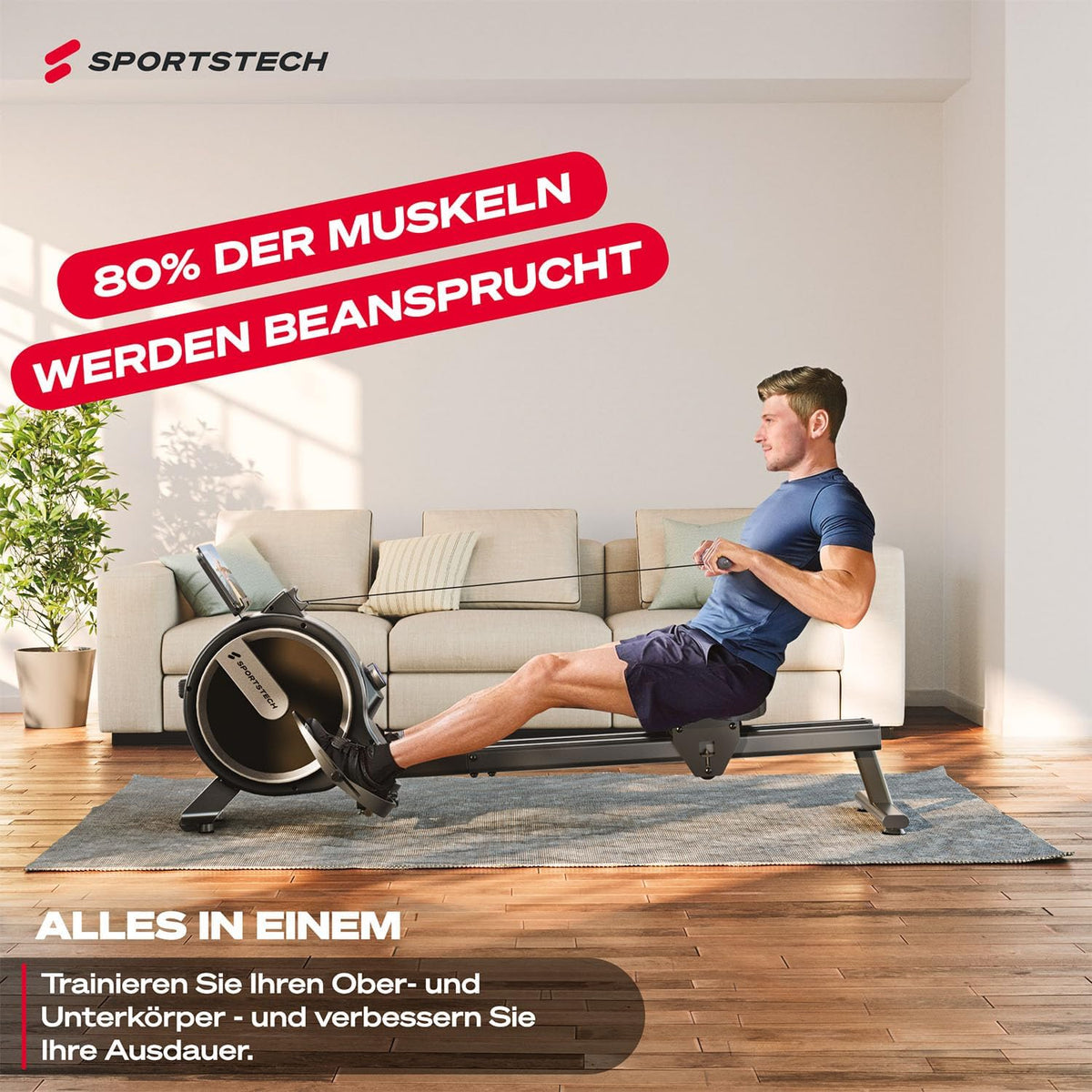 Sportstech Rudergerät für Zuhause, leise 32-Stufen Magnetwiderstand, PROwer