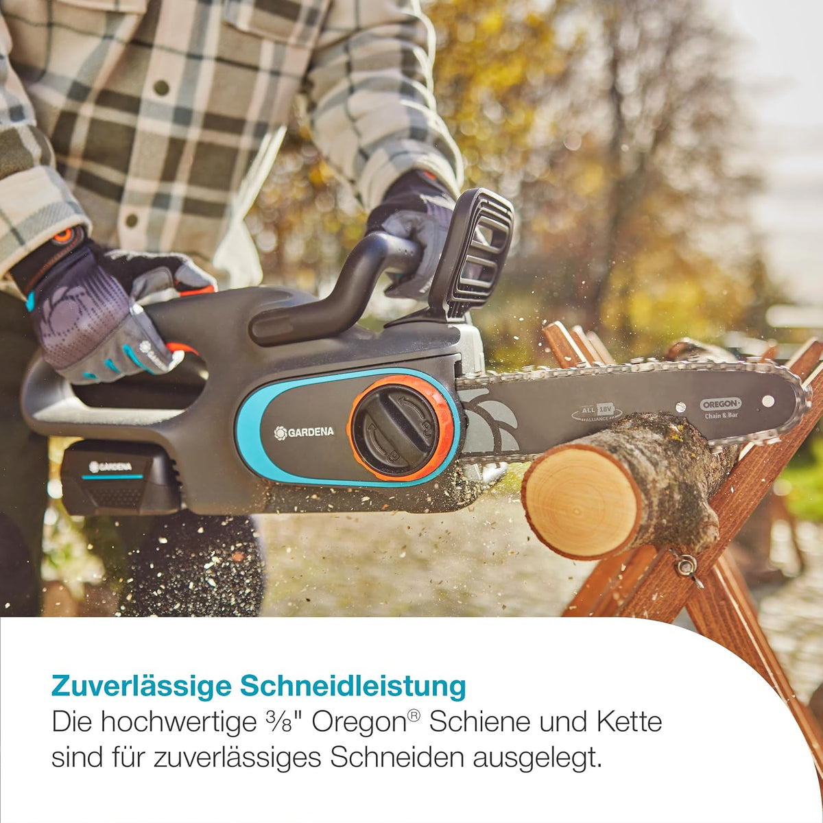 Gardena Akku-Kettensäge PowerSaw 250/18V P4A Ready-To-Use Set: Oregon Kette, Ergonomisch, Geräuscharm, Kettenbremse, Kabellos (14790-20)