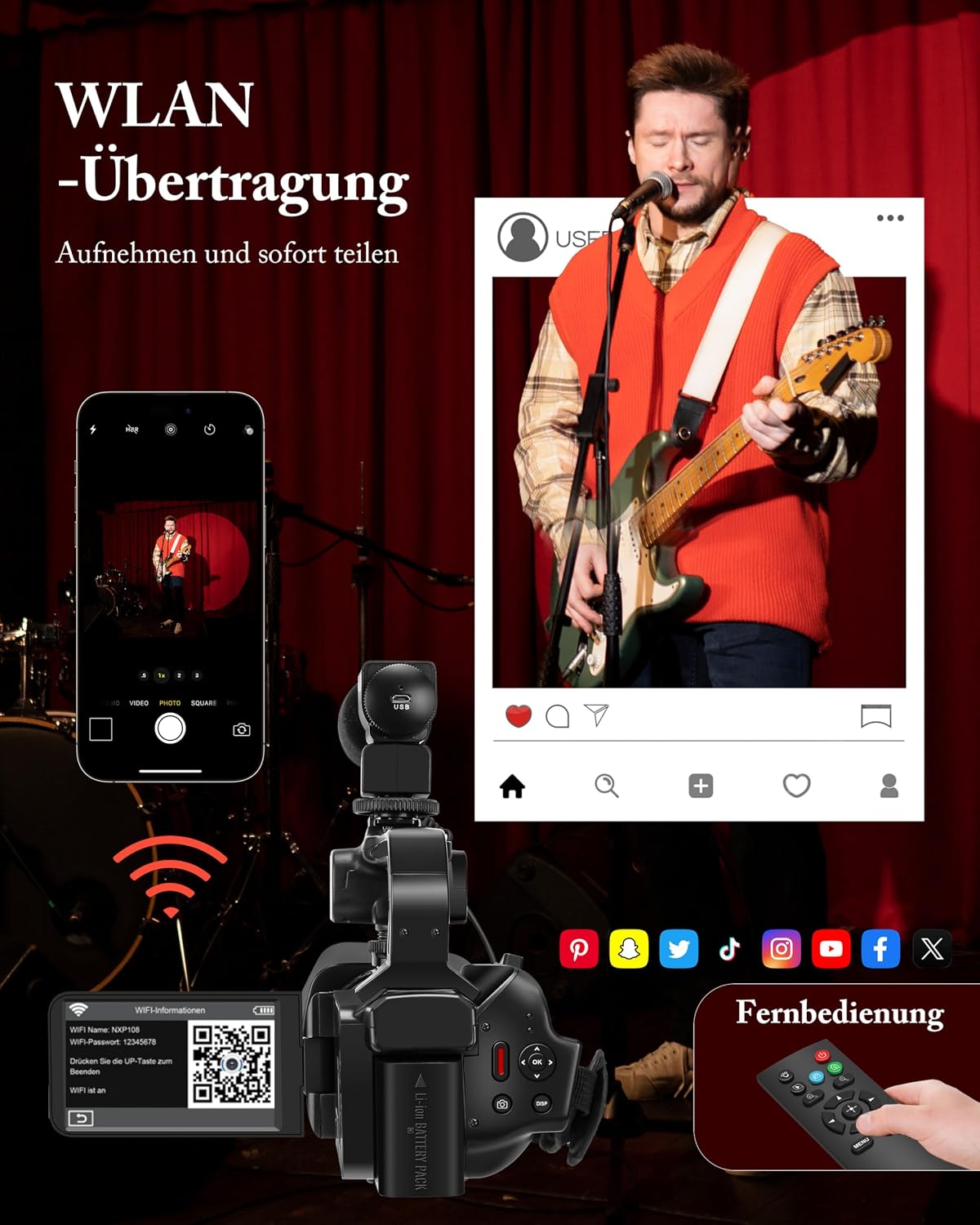 Videokamera Camcorder 6K 64MP WiFi mit IR Nachtsicht Webcam Vlogging Camera