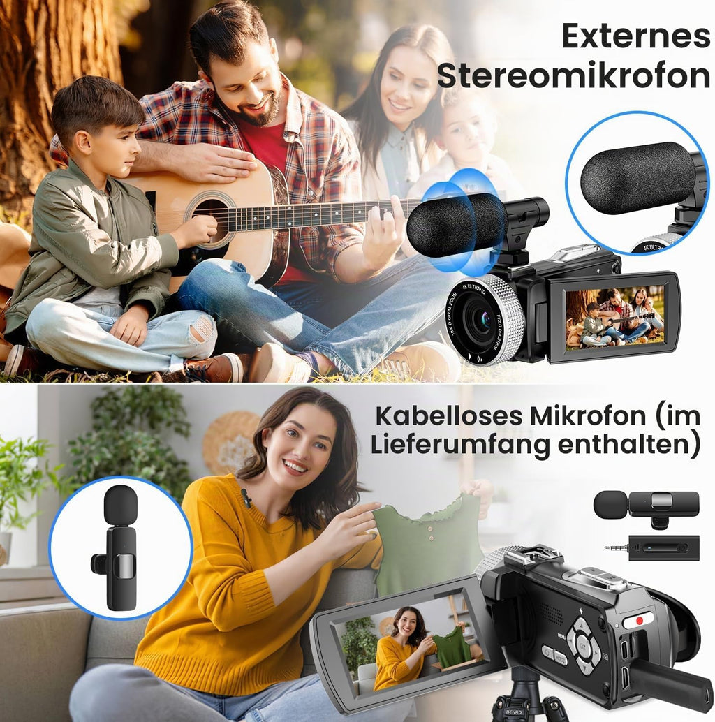 4K Video Camera, 48MP Photo/4K 60FPS Video Recorder, Digital Camcorder for Vlogging on YouTube, with 2 Batteries/Wireless Microphone/SD Card/Remote Control