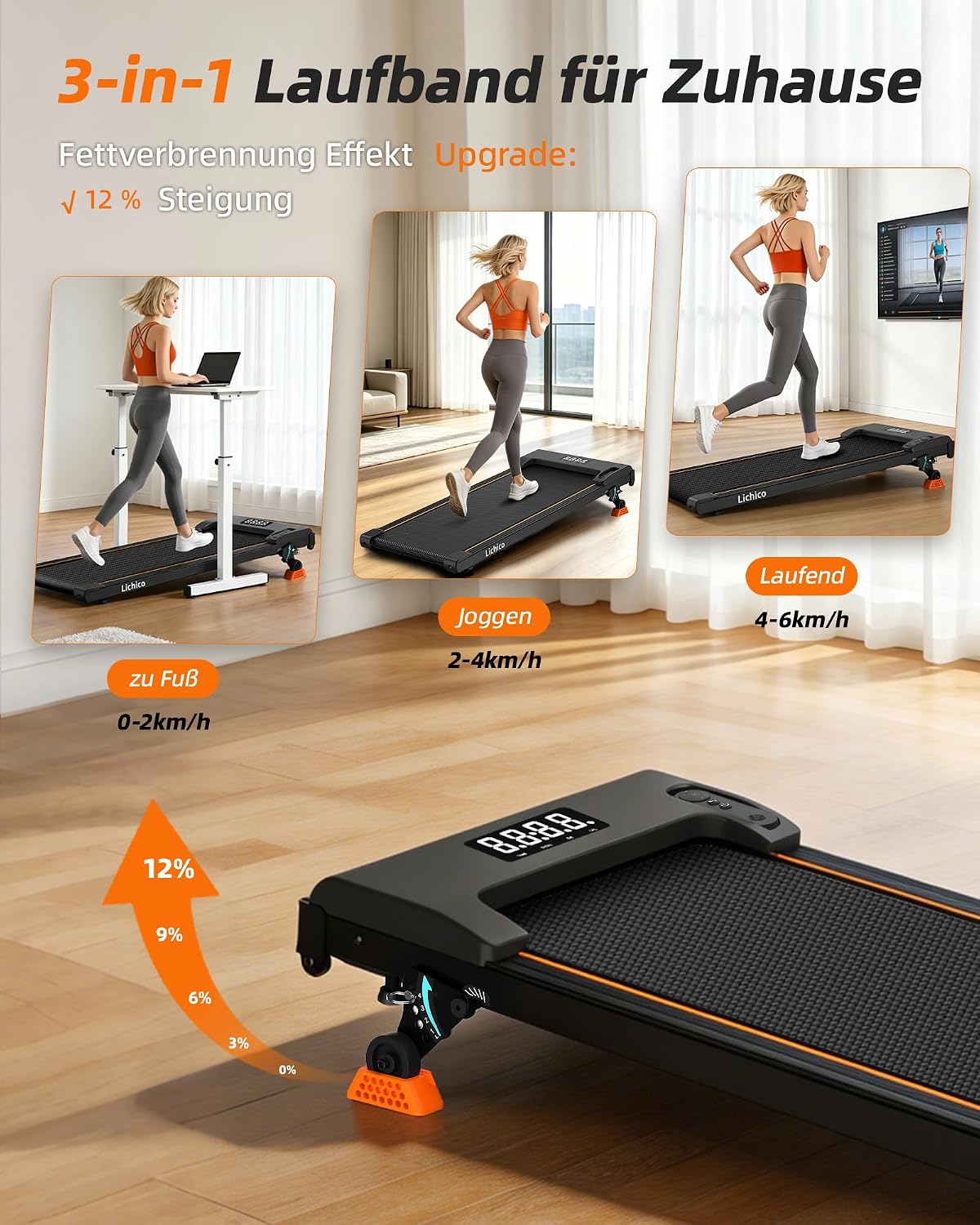 Lichico 3-in-1 Walking Pad mit 0-12% Steigung, Laufband für Zuhause Klein