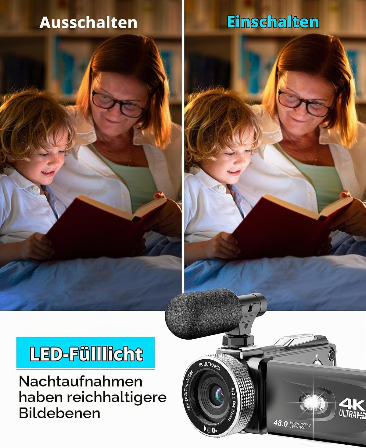 Videokamera 4K 48MP Camcorder 18X Digital Zoom Vlogging Kamera mit LED-Fülllicht für YouTube, 3.0'' 270°Drehbarer Screen Video Kamera mit Externem Mikrofon, Fernbedienung, 2 Batterien (32 GB Karte)