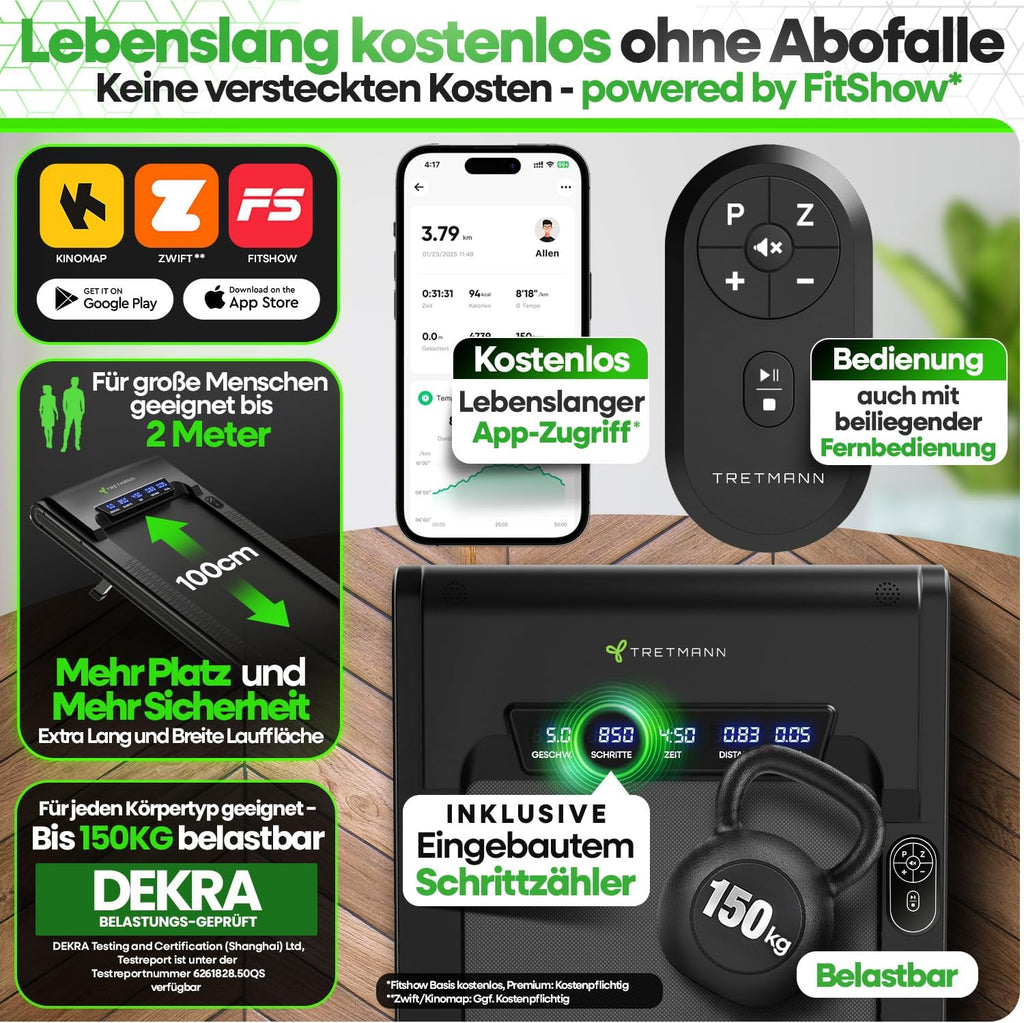Tretmann Walking Pad mit Steigung klappbar -extra leise [LongLife Laufdeck]