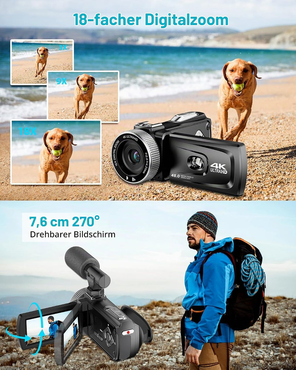 Videokamera 4K 48MP Camcorder 18X Digital Zoom Vlogging Kamera mit LED-Fülllicht für YouTube, 3.0'' 270°Drehbarer Screen Video Kamera mit Externem Mikrofon, Fernbedienung, 2 Batterien (32 GB Karte)