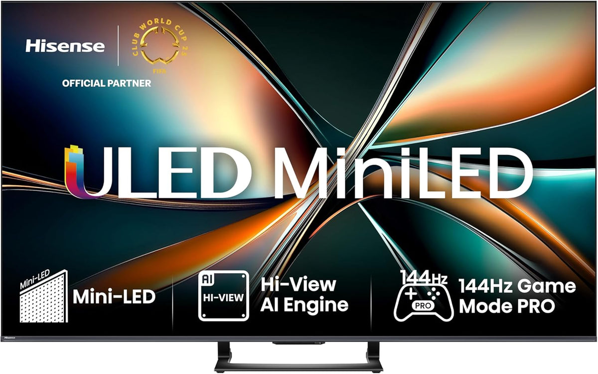 Hisense 55U7Q Fernseher 55 Zoll, 4K Mini LED ULED, Smart TV, Hi-View AI Engine, 144Hz Game Mode Pro, FreeSync Premium, Built in Subwoofer, Dolby Vision IQ Atmos, Airplay, Sprachsteuerung[2025]