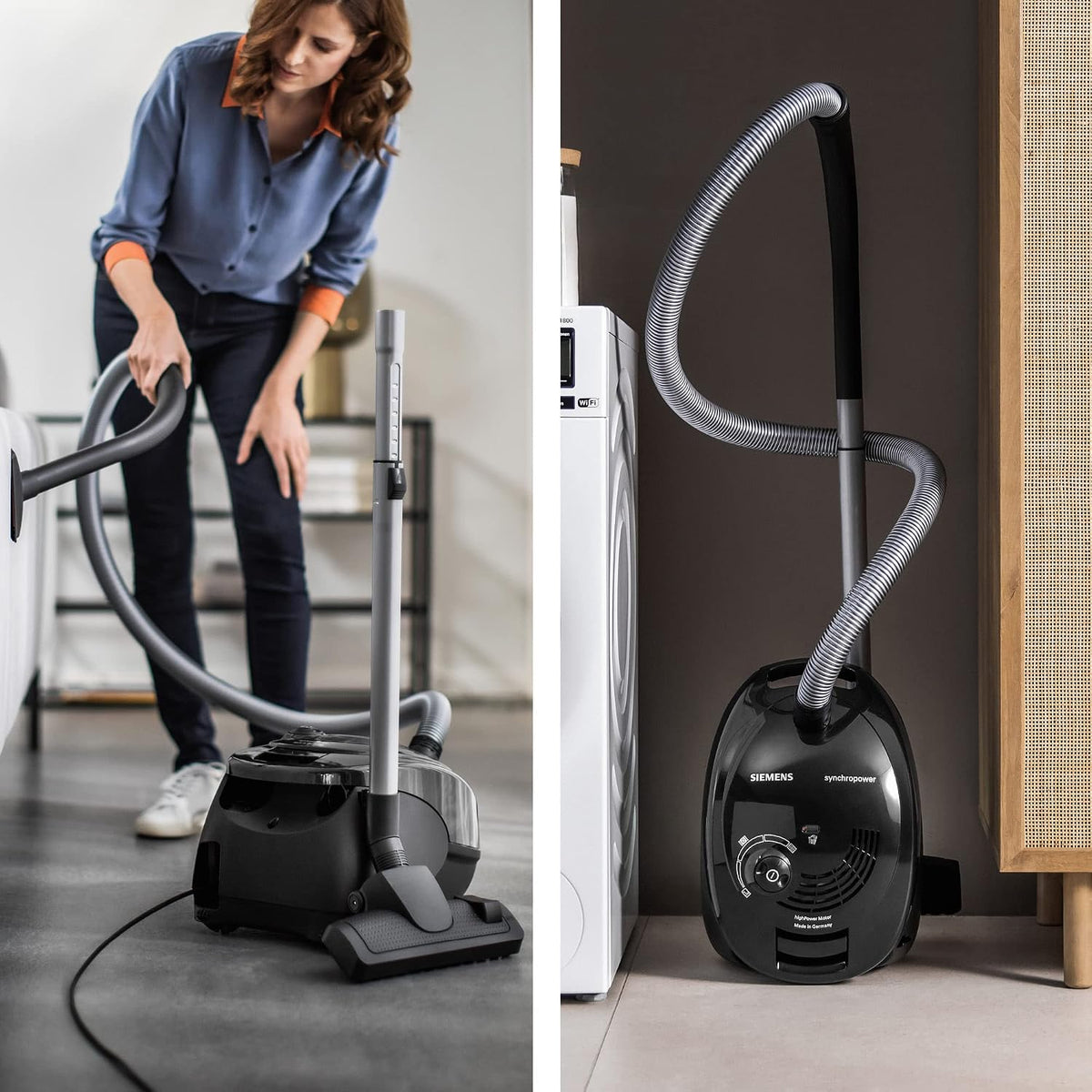 Siemens Staubsauger mit Beutel synchropower VS06B112A, Bodenstaubsauger, Hygiene-Filter, Bodendüse für Parkett, Teppich, Fliesen, langes Kabel, Fugendüse, 700 W, schwarz, 700 Watt