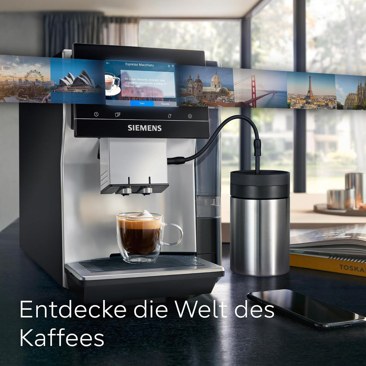 Siemens Kaffeevollautomat EQ700 classic, großes farbiges TFT-Display, 36 Heiß- und Kaltgetränke, Cold Brew, 10 Favoriten, 2-Tassen-Funktion, Steuerung per App, autom. Reinigungsystem, Silber, TP715E17