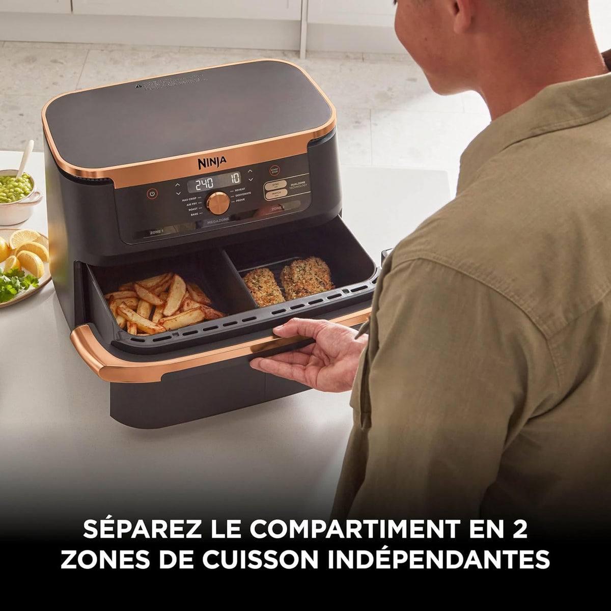 NINJA Foodi FlexDrawer Air Fryer, Dual Zone with Removable Divider, Large 10.4L Drawer, 7-in-1, Double Zone, Dishwasher Safe Non-Stick, Black & Copper, AF500EUCP