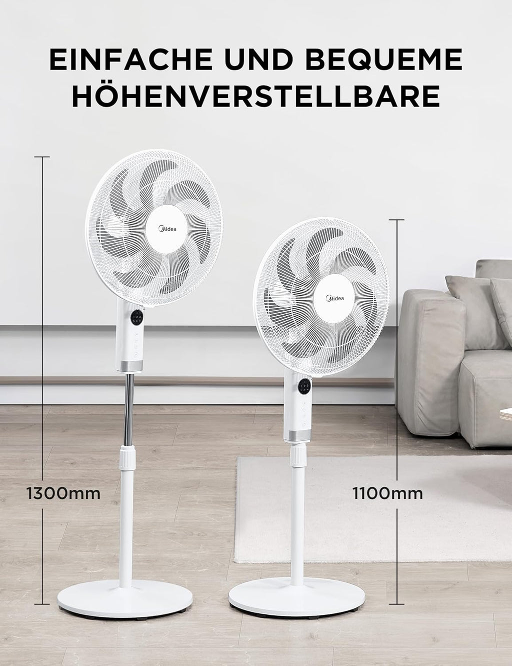 Midea MFS400R0APW Standventilator, 50W AC-Motor, 7 Klingen, 90° Oszillation, LED, Weiß