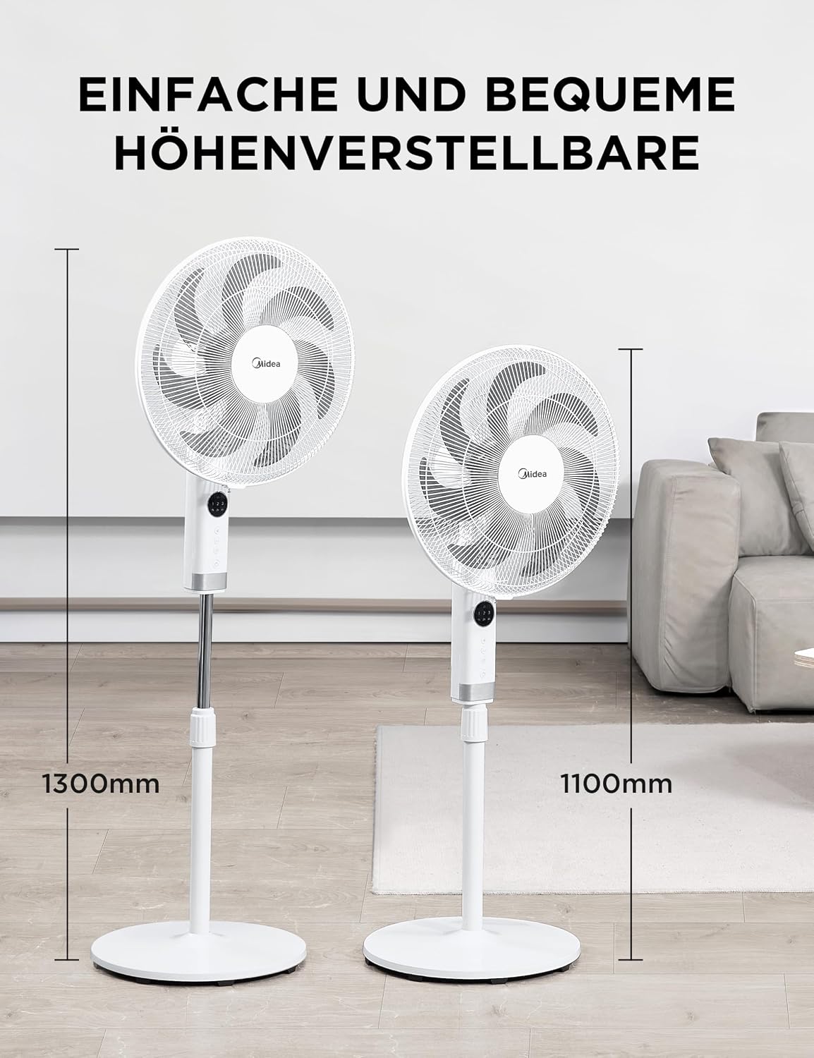 Midea MFS400R0APW Standventilator, 50W AC-Motor, 7 Klingen, 90° Oszillation, LED, Weiß