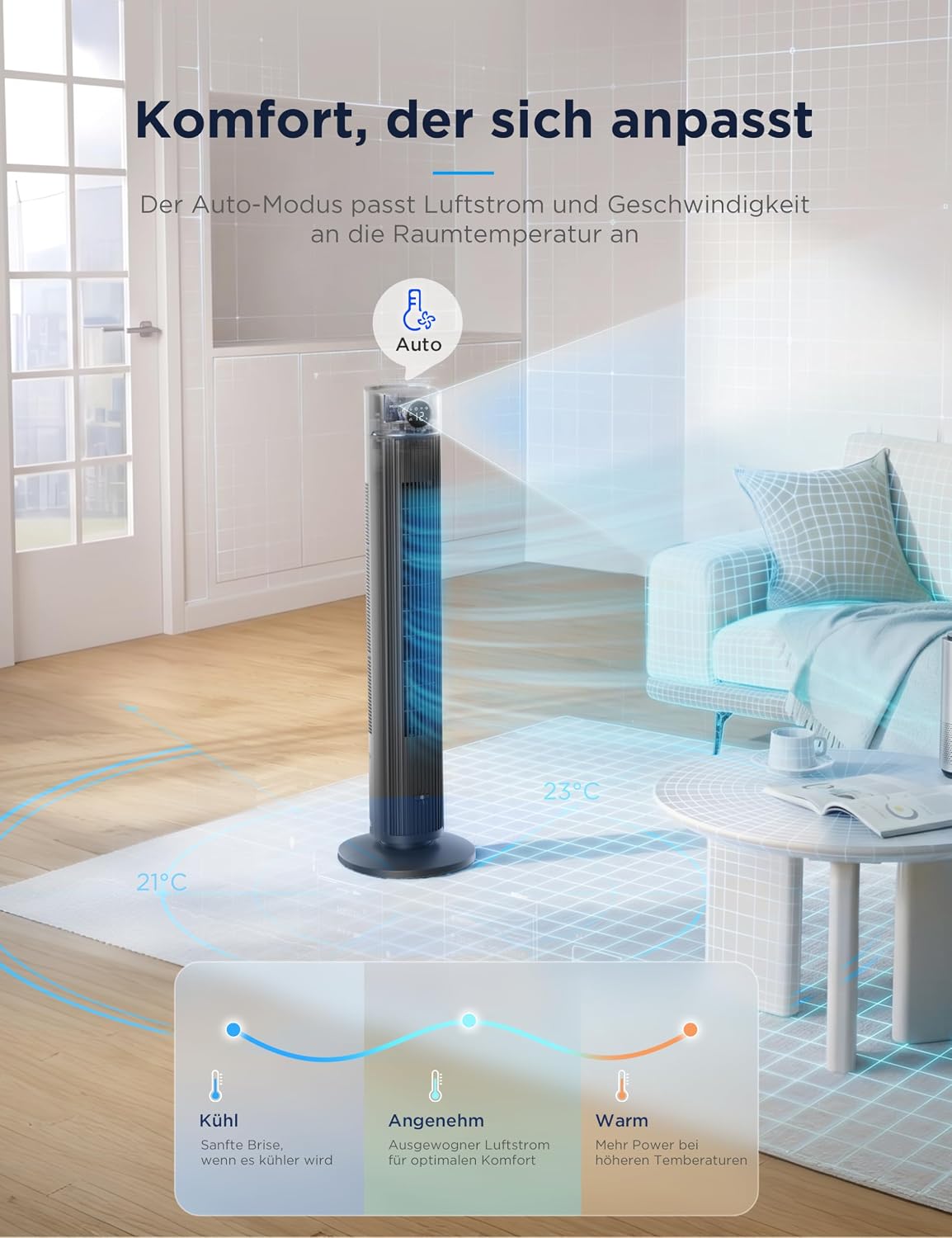 Midea FZ10-26ARDW Turmventilator, 2490 m³/h, 19 dB, DC-Motor, 12 Stufen, App, Schwarz