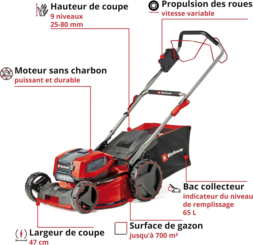 Einhell Professional Cordless Lawnmower GP-CM 36/47S Li BL (4x4.0Ah) Power X-Change (36V, Brushless Motor, Cut to 47cm, Tray 65L) Comes with 4 x 4.0Ah Batteries and 2 Dual Chargers