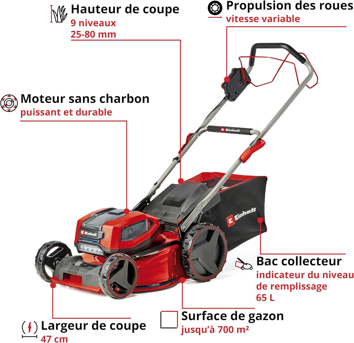 Einhell Professional Cordless Lawnmower GP-CM 36/47S Li BL (4x4.0Ah) Power X-Change (36V, Brushless Motor, Cut to 47cm, Tray 65L) Comes with 4 x 4.0Ah Batteries and 2 Dual Chargers