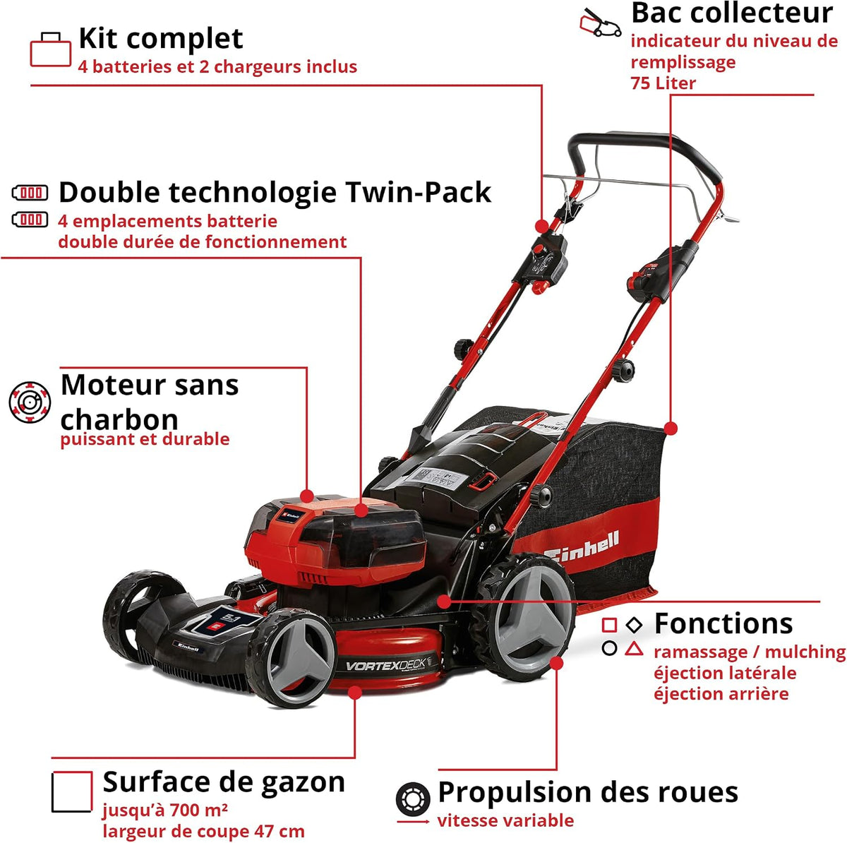 Einhell Professional Cordless Lawnmower GP-CM 36/47 S HW Li Power X-Change (36V, 47cm Cutting Width, Self-Propelled, Carbon Free Motor) Comes with 4 x 4.0Ah Batteries and 2 Dual Chargers