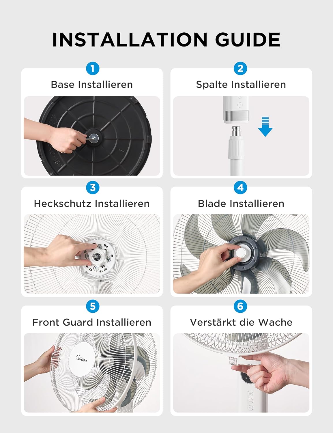 Midea MFS400R0APW Standventilator, 50W AC-Motor, 7 Klingen, 90° Oszillation, LED, Weiß