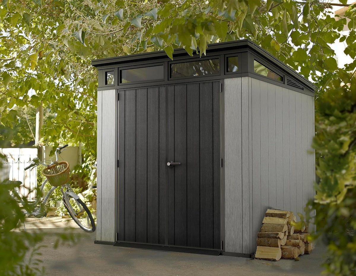 Keter Artisan 7x7 Gerätehaus – Wetterfestes Gartenhaus mit Boden, Pultdach, Doppeltüren & Fenster, Ideal für Outdoor-Aufbewahrung, 214x218x226cm, 8,3 m³, grau