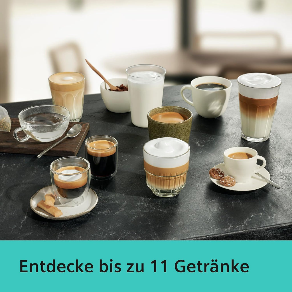 Siemens Kaffeevollautomat EQ6 plus s300, Milchsystem, 11 Getränke, automatische Reinigung des Milchsystems, Keramikmahlwerk, großes Touchdisplay, Silber, TE653501DE