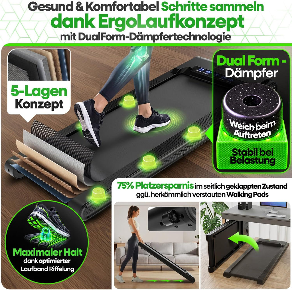 Tretmann Walking Pad mit Steigung klappbar -extra leise [LongLife Laufdeck]