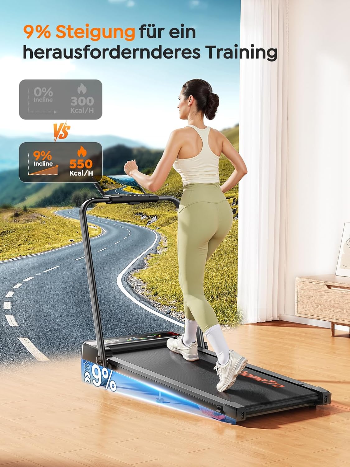 Laufband für Zuhause & Büro Klappbar, Walking Pad mit Steigung - 9% Neigung
