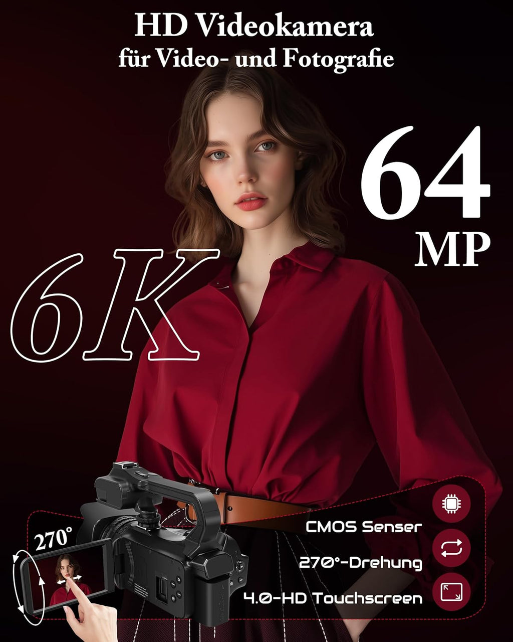 Videokamera Camcorder 6K 64MP WiFi mit IR Nachtsicht Webcam Vlogging Camera