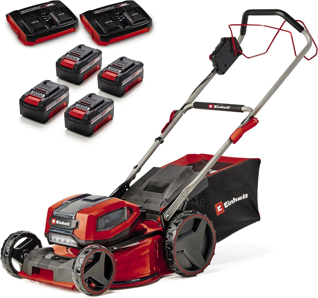Einhell Professional Cordless Lawnmower GP-CM 36/47S Li BL (4x4.0Ah) Power X-Change (36V, Brushless Motor, Cut to 47cm, Tray 65L) Comes with 4 x 4.0Ah Batteries and 2 Dual Chargers
