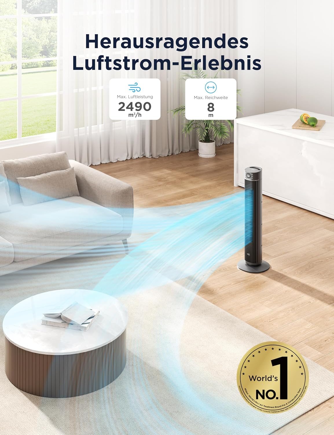 Midea FZ10-26ARDW Turmventilator, 2490 m³/h, 19 dB, DC-Motor, 12 Stufen, App, Schwarz
