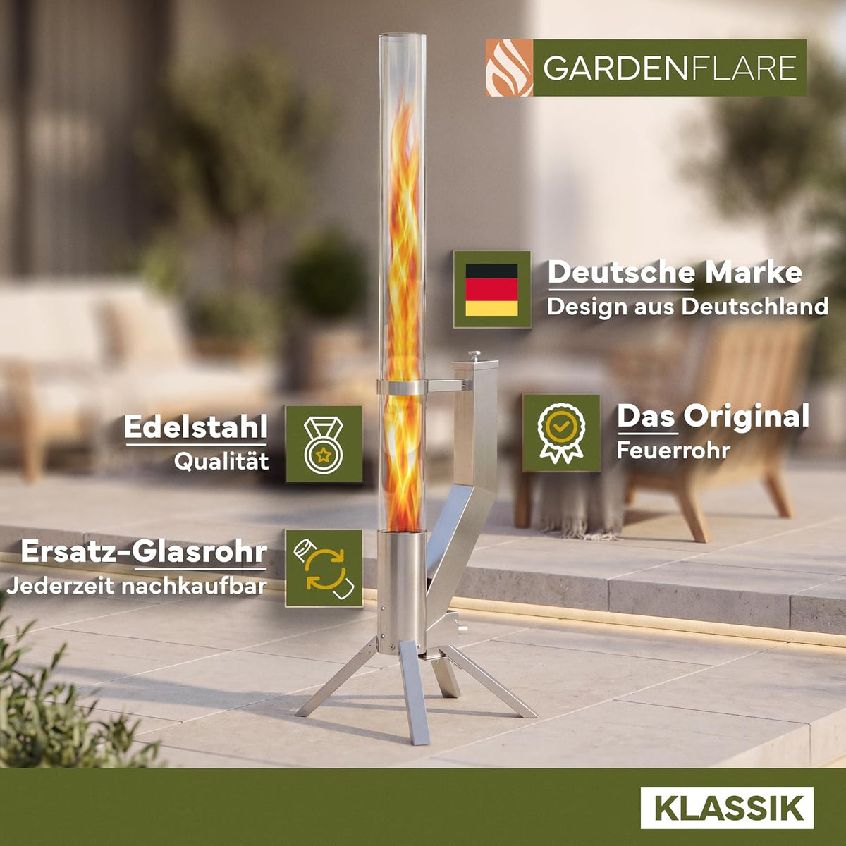 GARDENFLARE Classic Fire Pipe - Stainless Steel Pellet Torch for Garden
