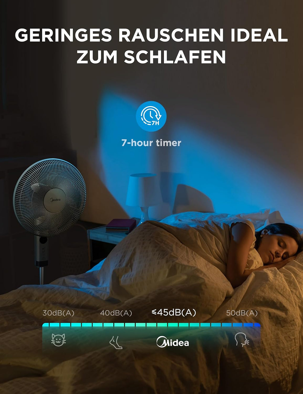 Midea MFS400R0APW Standventilator, 50W AC-Motor, 7 Klingen, 90° Oszillation, LED, Weiß