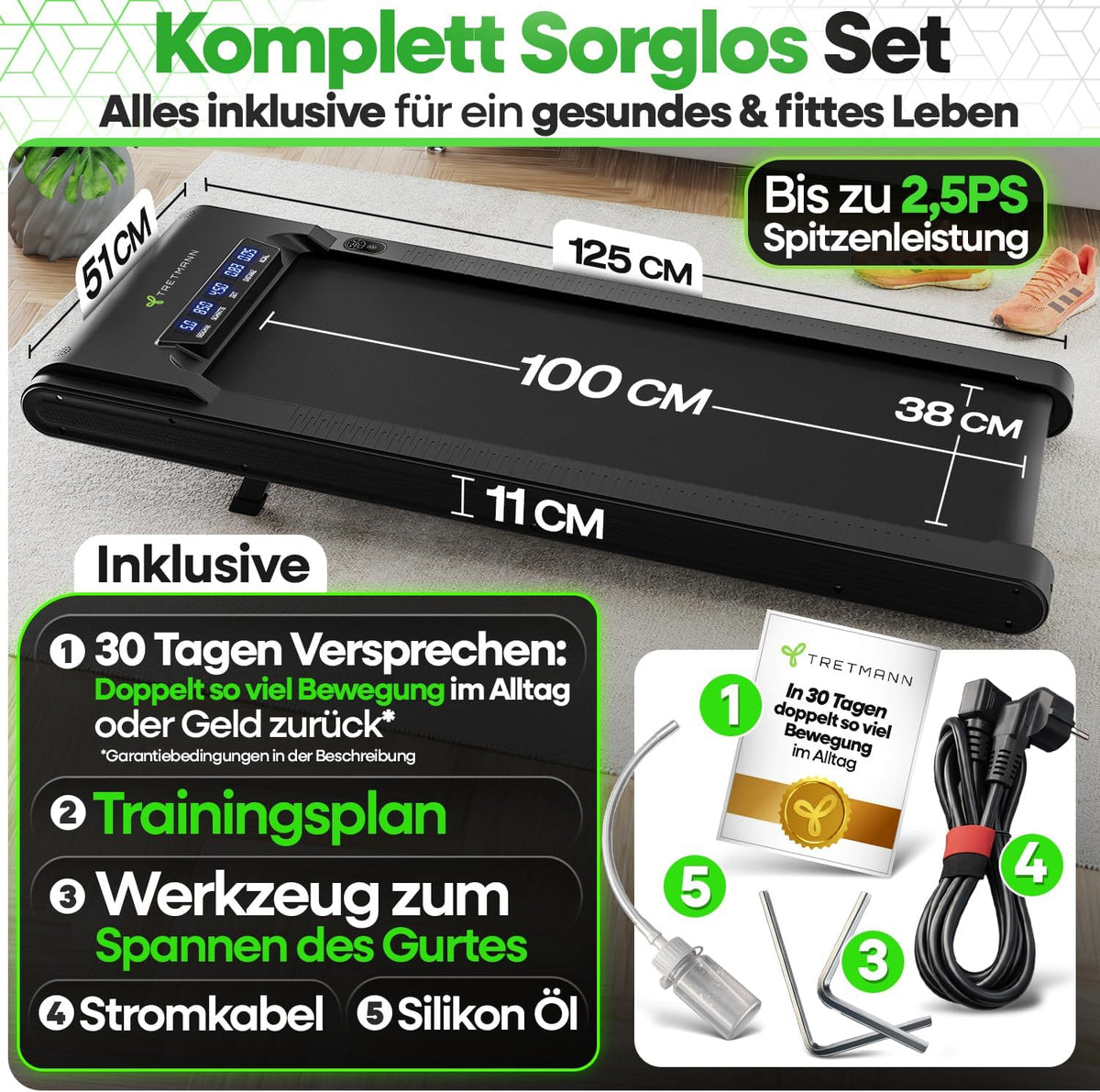 Tretmann Walking Pad mit Steigung klappbar -extra leise [LongLife Laufdeck]