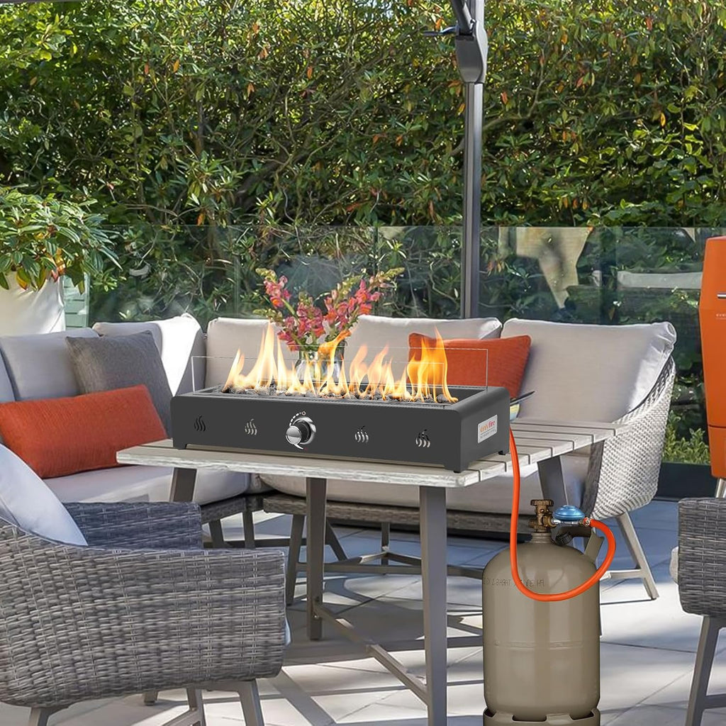 Onlyfire 72 cm Table Gas Fire Pit, 6.5 kW Propane Gas Table Fire with Rear Air Inlet, Glass Wind Protection and Lava Stone, Smokeless Table Fire Pit for Outdoor Garden Patio, Rectangular