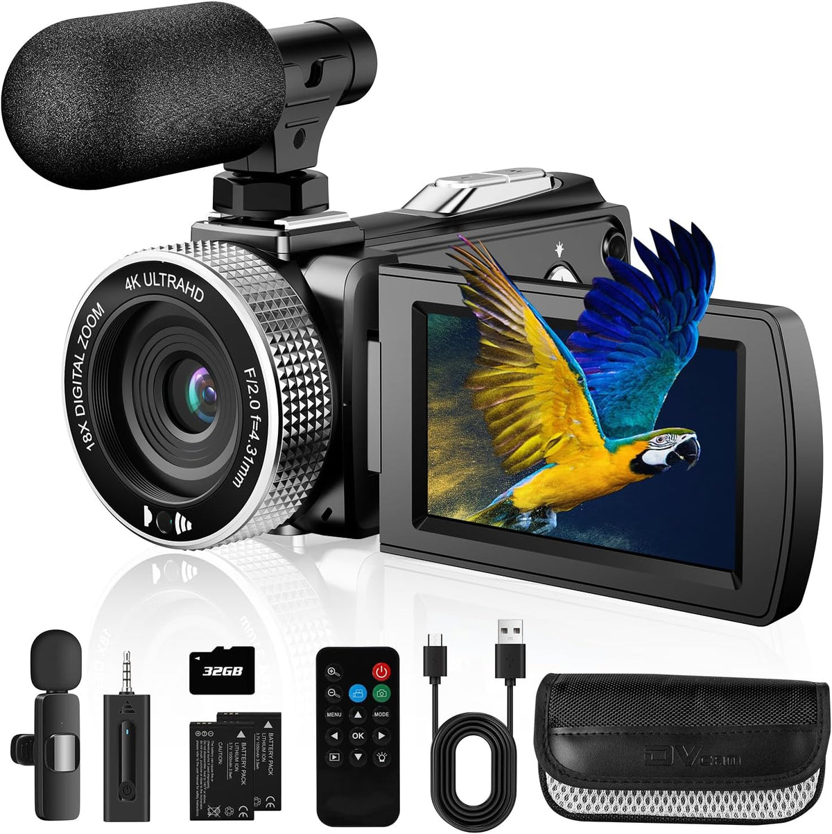4K Video Camera, 48MP Photo/4K 60FPS Video Recorder, Digital Camcorder for Vlogging on YouTube, with 2 Batteries/Wireless Microphone/SD Card/Remote Control