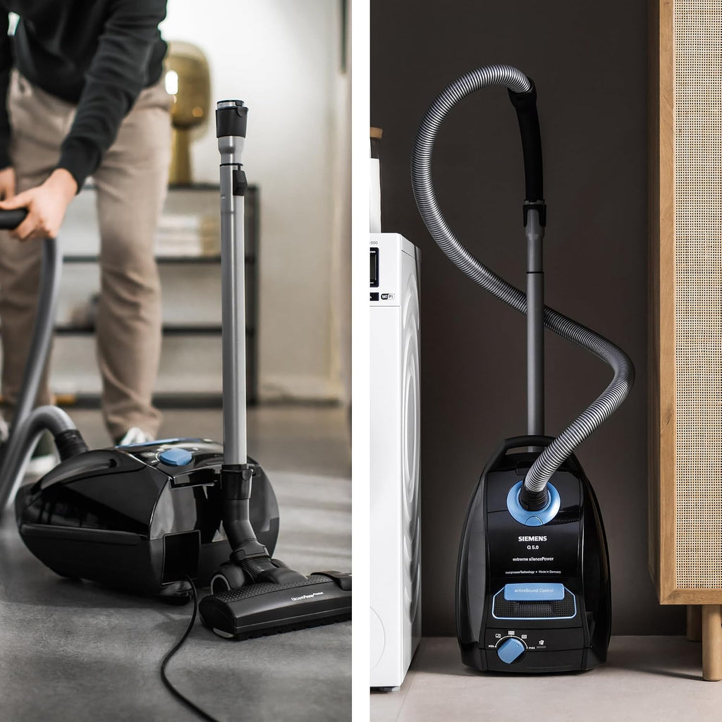 Siemens Staubsauger mit Beutel Q5.0 Extreme silencePower VSQ5X1232, für Allergiker, Hygiene-Filter, Starke Saugleistung auf Parkett, Teppich und Fliesen, langes Kabel, Made in Germany, 850 W, schwarz