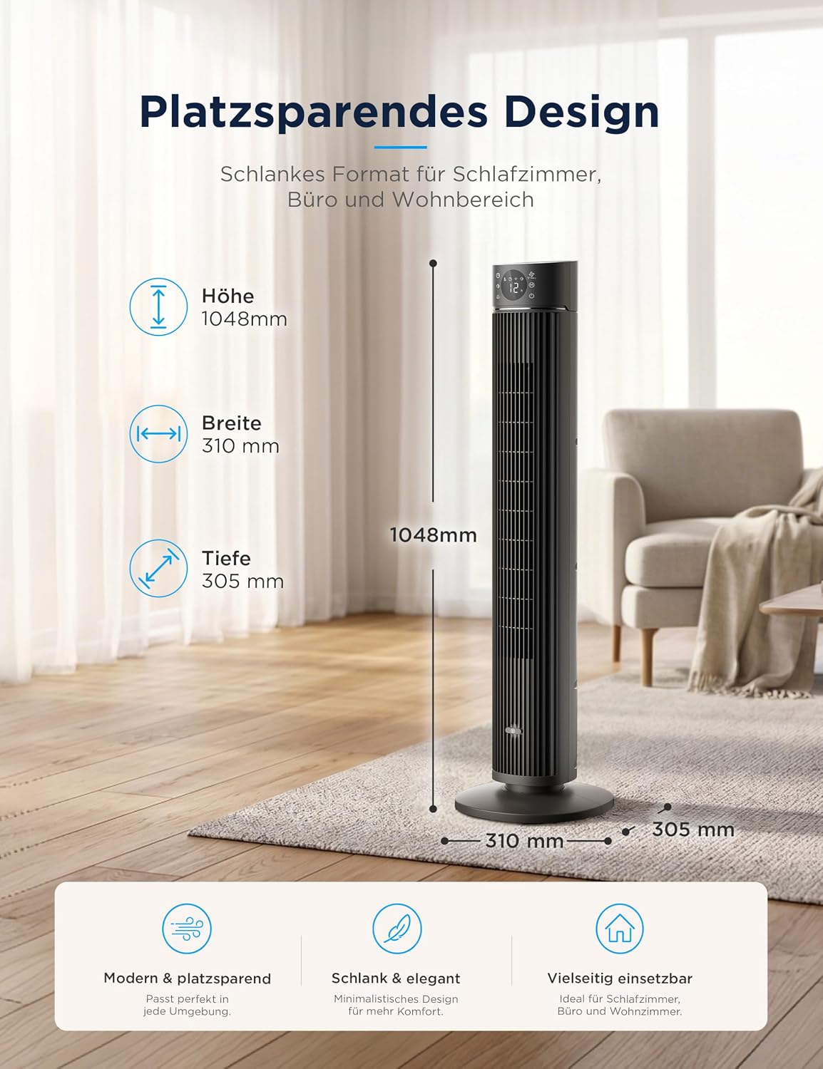 Midea FZ10-26ARDW Turmventilator, 2490 m³/h, 19 dB, DC-Motor, 12 Stufen, App, Schwarz