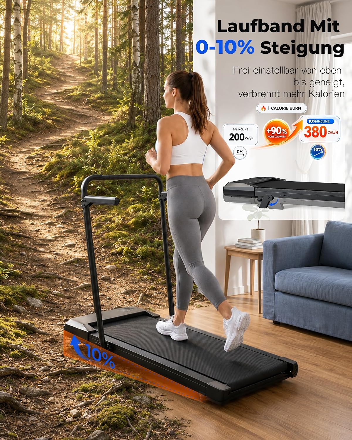 Superun Walking Pad mit Steigung, APP KI-Trainer, leises Büro Laufgerät