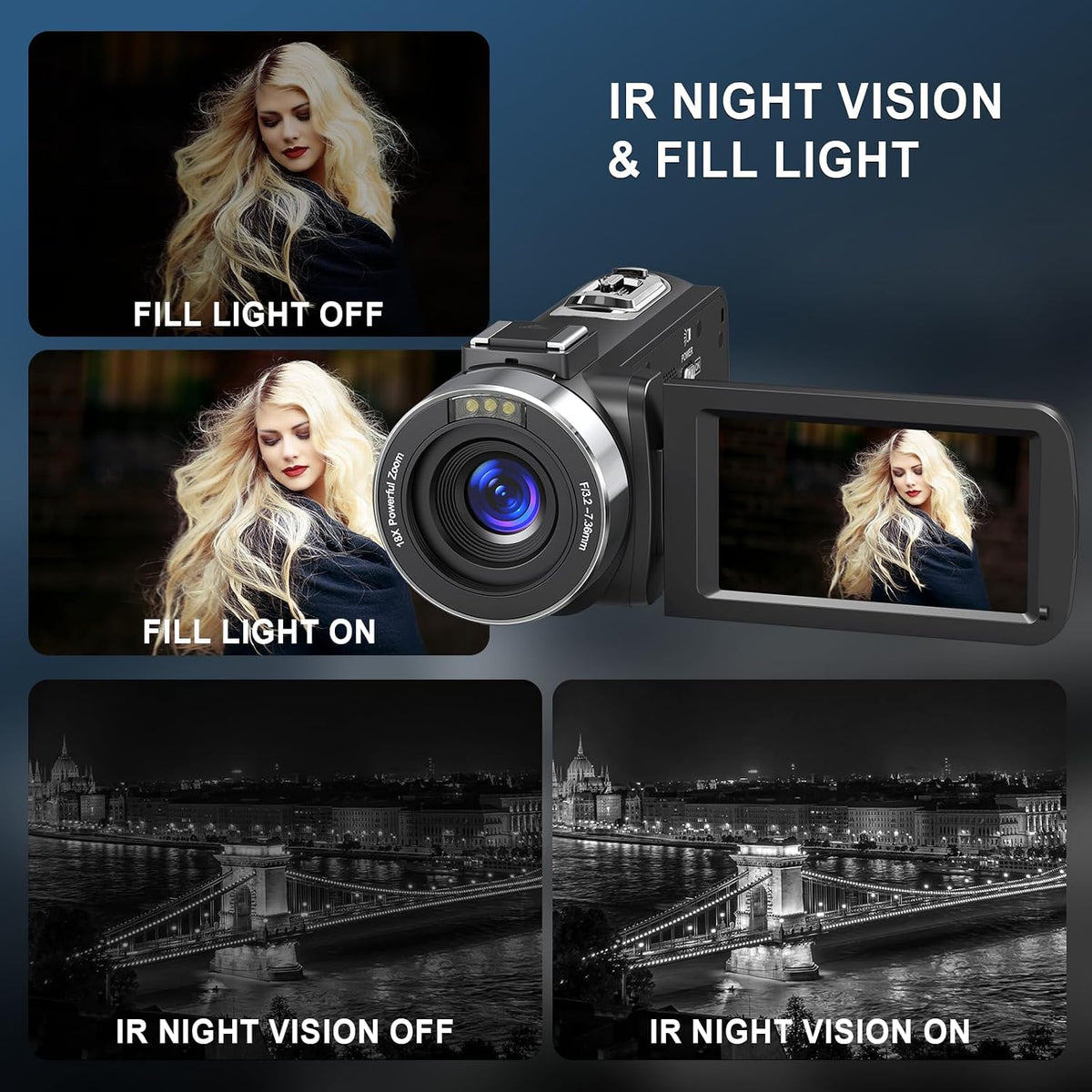 Video Camera 8K 64MP Camcorder 18X Digital Zoom IR Night Vision Vlogging