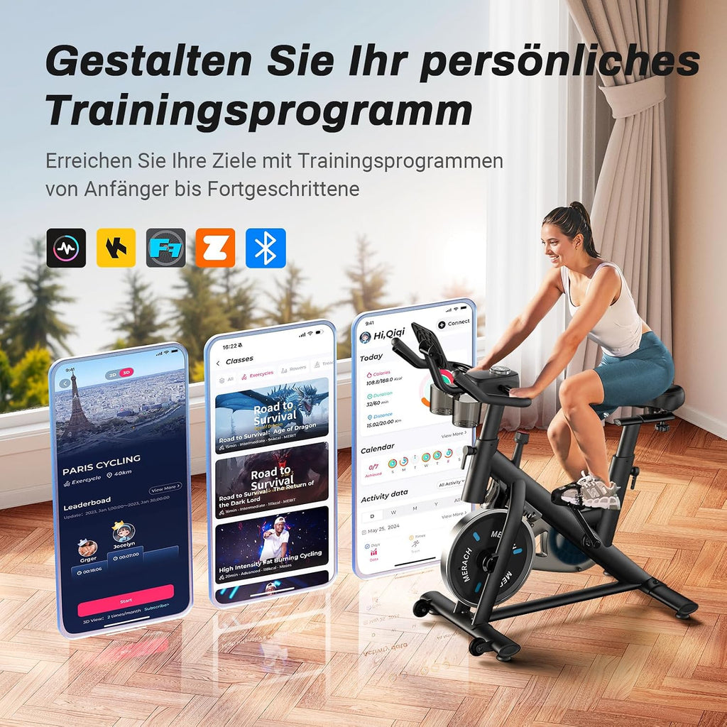 MERACH Heimtrainer Fahrrad mit Verstellbarem Widerstand, Leises Hometrainer Fahrrad mit Verbessertem LED-Monitor, Tablet-Halter, Indoor Cycling Bike für Kardiotraining zu Hause, Eigener App, Bis 136KG