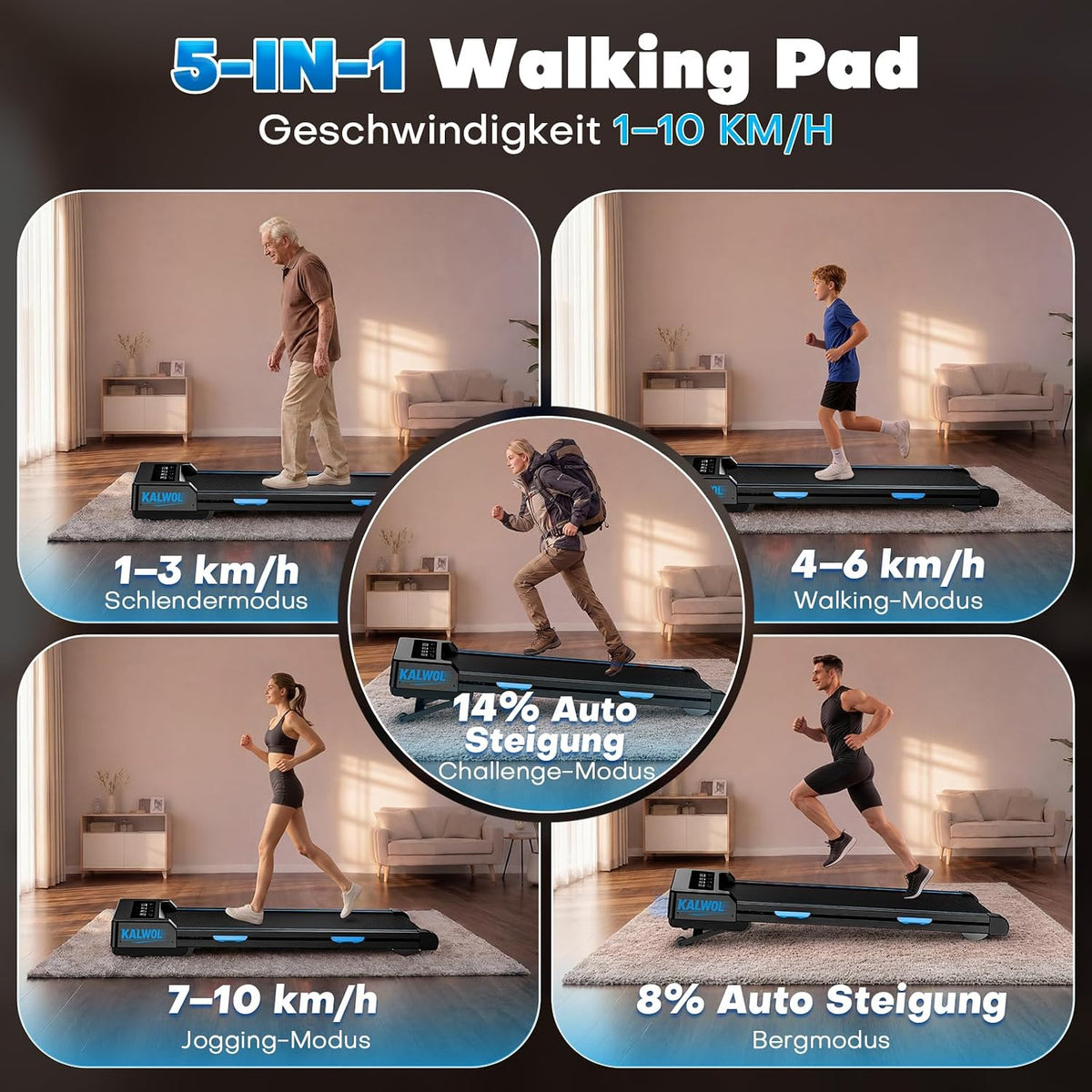 Walking Pad mit 14% Automatischer Steigung, 5 In 1 Laufband für Zuhause mit 3.5 HP bürstenloser Motor, 10km/h Laufband Schreibtisch für Zuhause & Büro mit LED-Display, 12 HIIT-Programme, Bis 180 kg