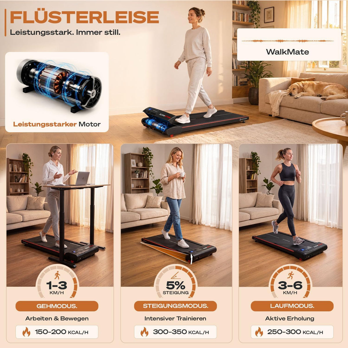Sportstech, Walking Pad mit Steigung, 150 kg belastbar, 6 km/h, Under Desk