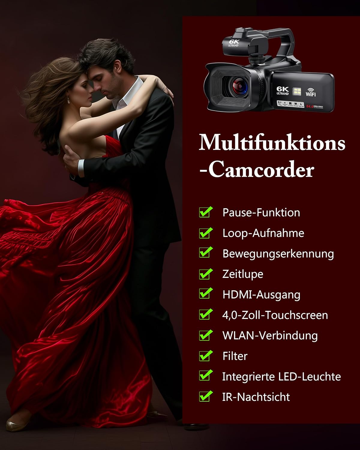 Videokamera Camcorder 6K 64MP WiFi mit IR Nachtsicht Webcam Vlogging Camera