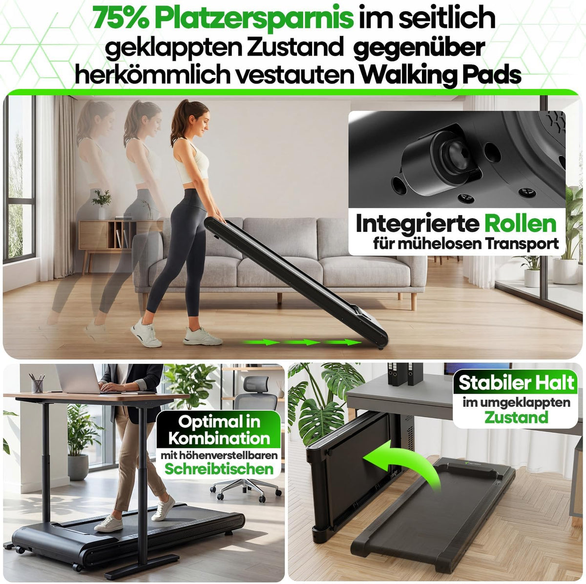 Tretmann Walking Pad mit Steigung klappbar -extra leise [LongLife Laufdeck]