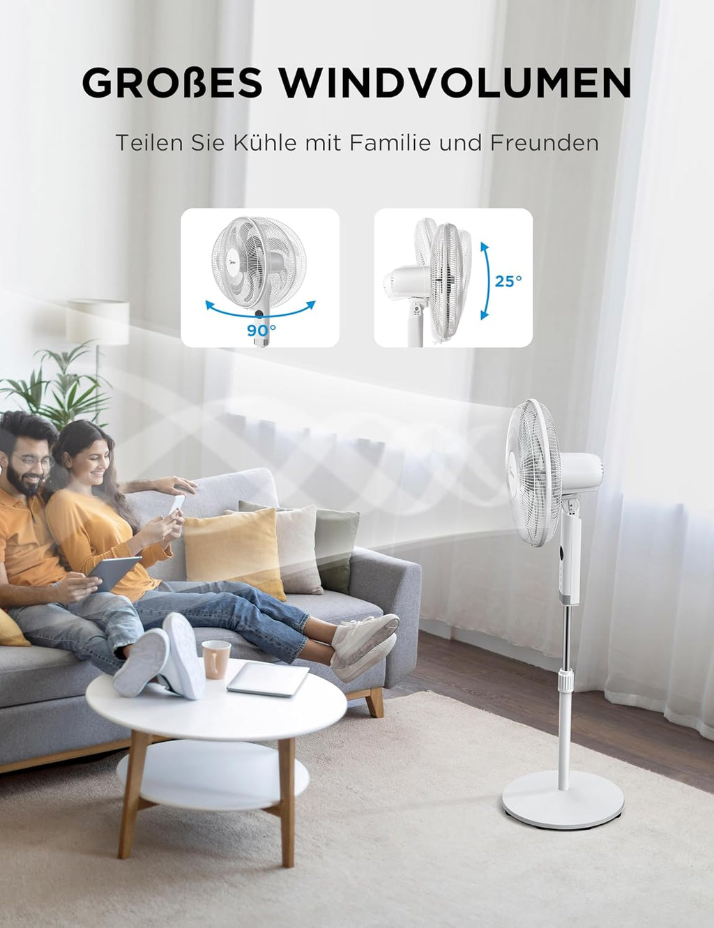 Midea MFS400R0APW Standventilator, 50W AC-Motor, 7 Klingen, 90° Oszillation, LED, Weiß