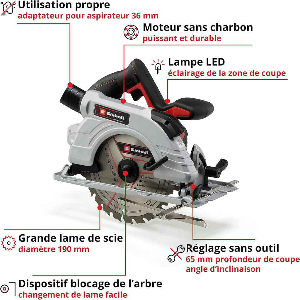 Einhell Professional TP-CS 18/190 Li BL-Solo Power X-Change Cordless Circular Saw Ø190mm (18V, Carbon Free Motor, LED Lighting, Aluminium sole) Delivered without Battery or Charger