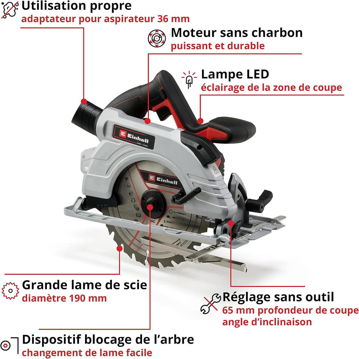 Einhell Professional TP-CS 18/190 Li BL-Solo Power X-Change Cordless Circular Saw Ø190mm (18V, Carbon Free Motor, LED Lighting, Aluminium sole) Delivered without Battery or Charger