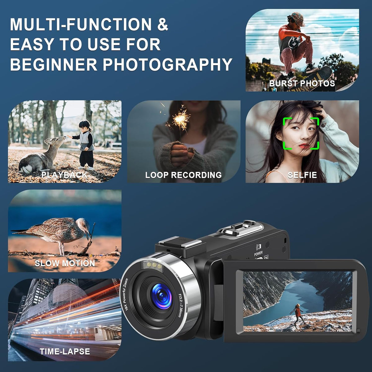 Video Camera 8K 64MP Camcorder 18X Digital Zoom IR Night Vision Vlogging